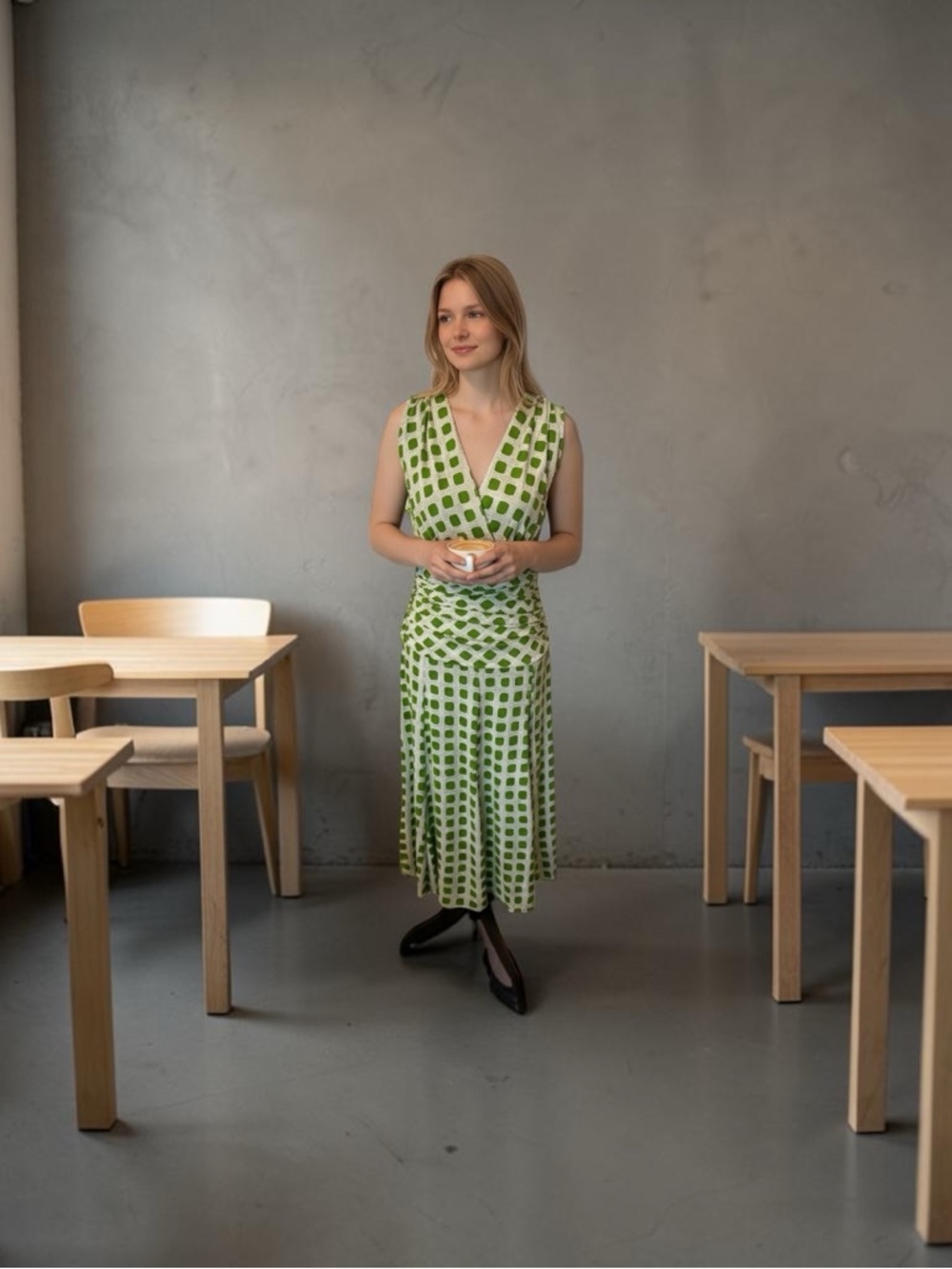 Green Geometric Midi Dress - Sleeveless V-Neck